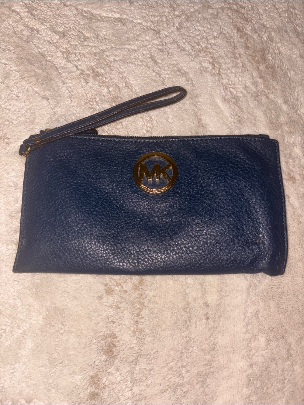 Michael Kors Navy Leather Wristlet with Gold MK Logo
